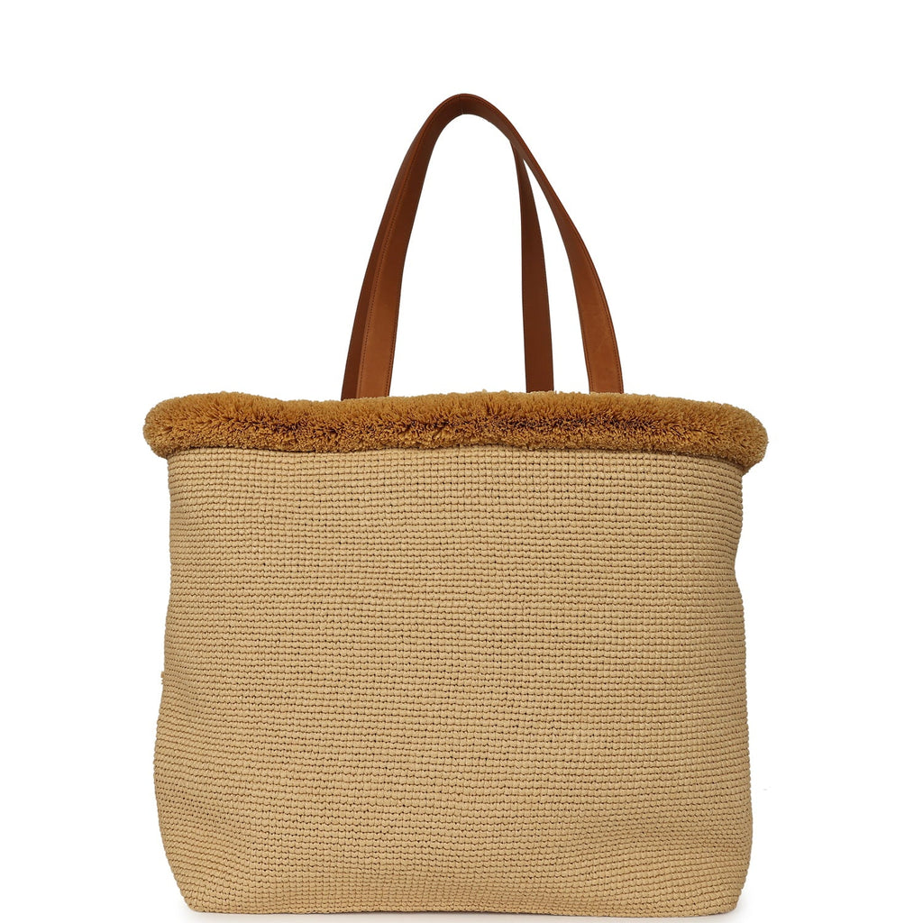 Coco Beach Maxi Shopping Tote Light Beige Raffia and Calfskin Gold Hardware