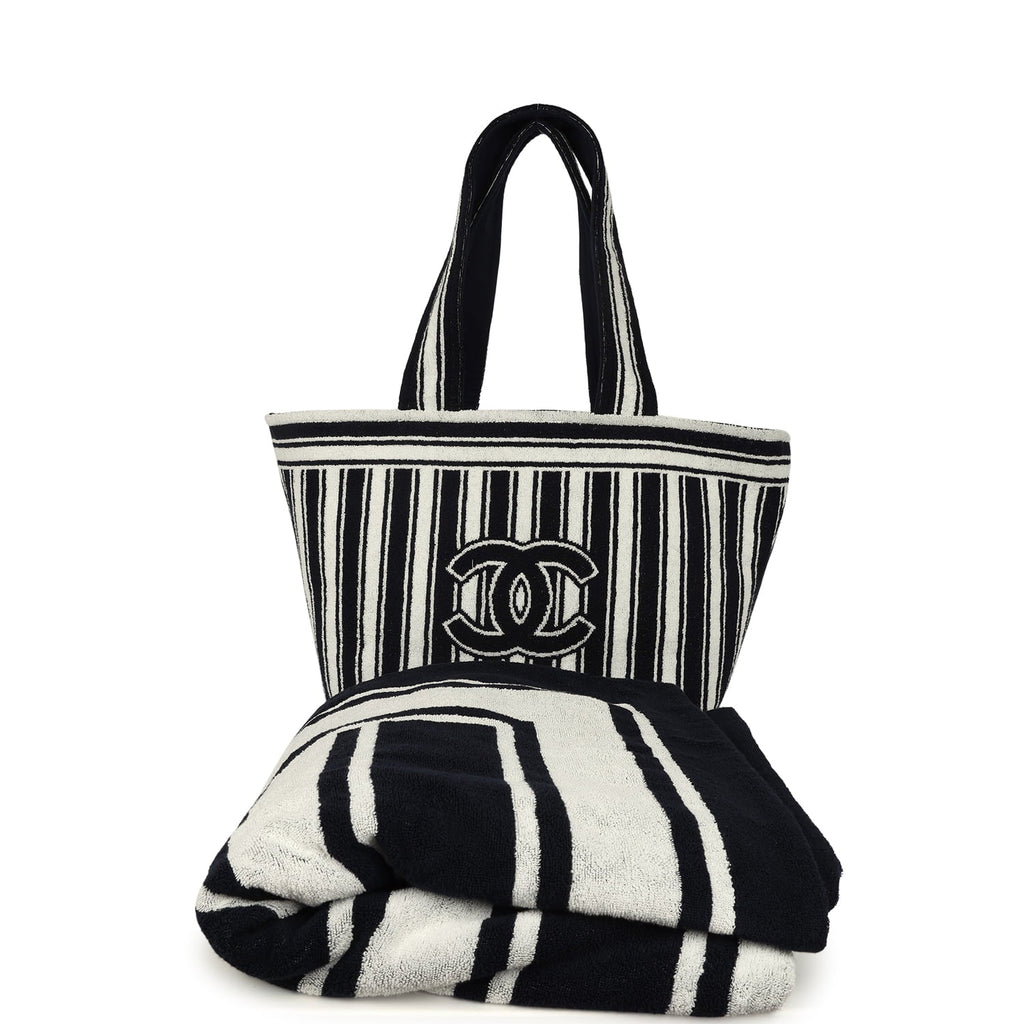 Coco Beach CC Striped Beach Tote Bag & Towel Set Navy Blue and White Terry Silver Hardware