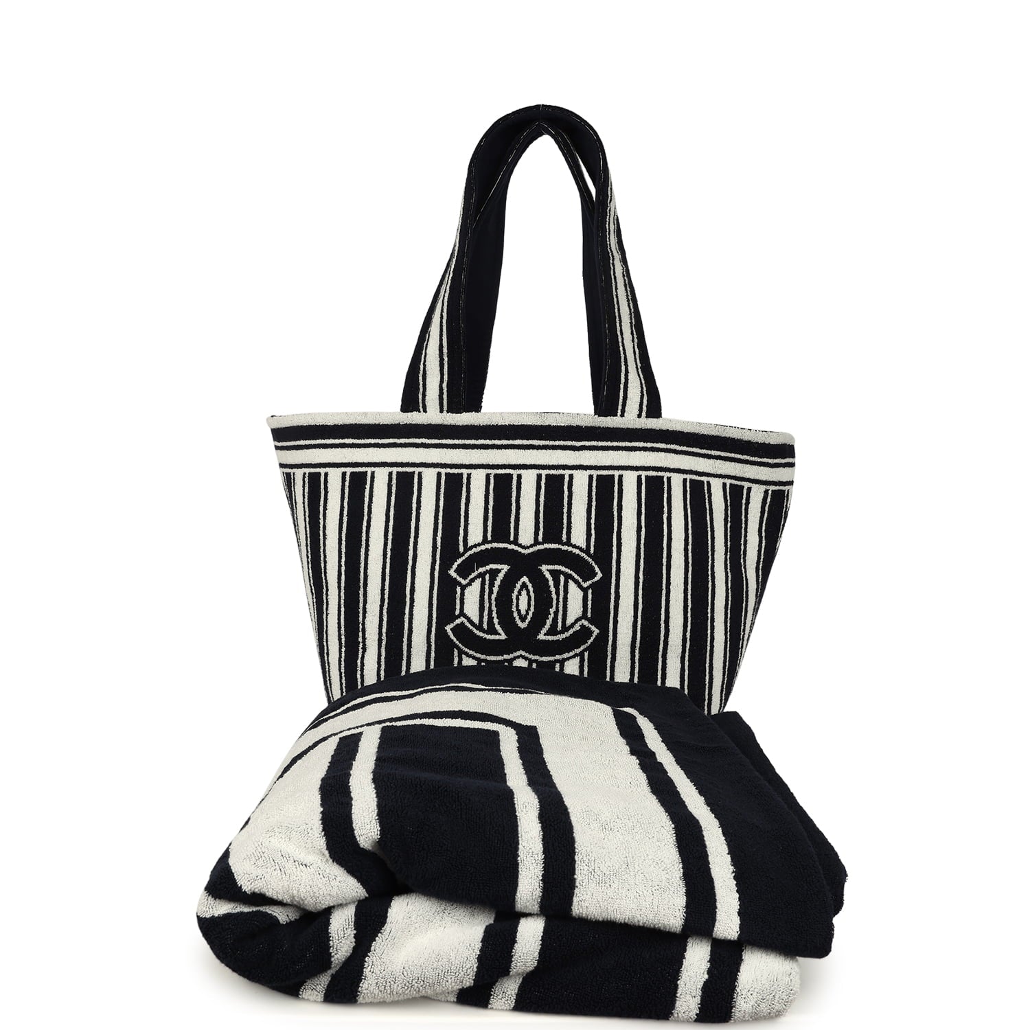 Coco Beach CC Striped Beach Tote Bag & Towel Set Navy Blue and White Terry Silver Hardware