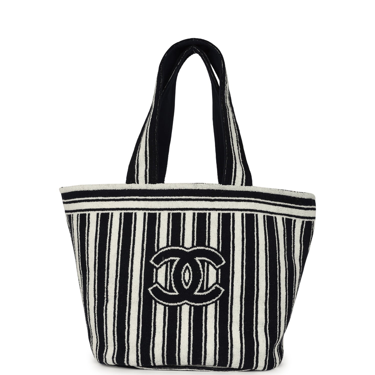 Coco Beach CC Striped Beach Tote Bag & Towel Set Navy Blue and White Terry Silver Hardware