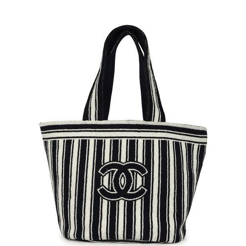 Coco Beach CC Striped Beach Tote Bag & Towel Set Navy Blue and White Terry Silver Hardware