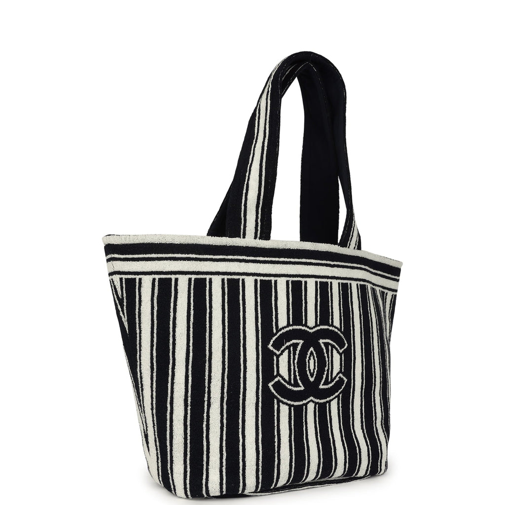 Coco Beach CC Striped Beach Tote Bag & Towel Set Navy Blue and White Terry Silver Hardware