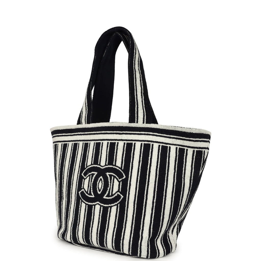 Coco Beach CC Striped Beach Tote Bag & Towel Set Navy Blue and White Terry Silver Hardware