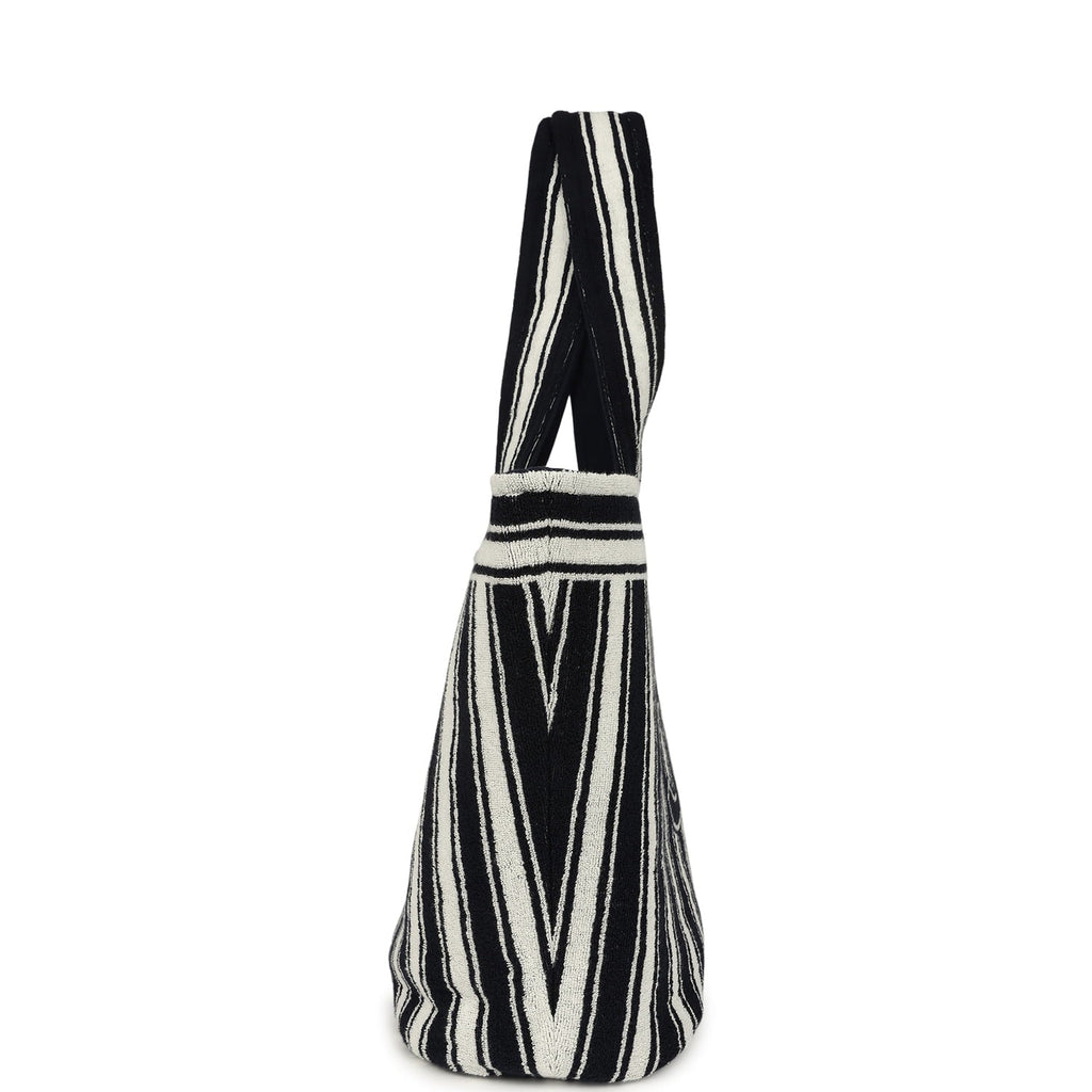 Coco Beach CC Striped Beach Tote Bag & Towel Set Navy Blue and White Terry Silver Hardware