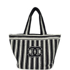 Coco Beach CC Striped Beach Tote Bag & Towel Set Navy Blue and White Terry Silver Hardware