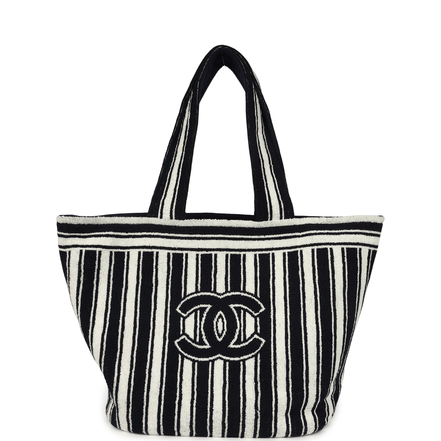 Coco Beach CC Striped Beach Tote Bag & Towel Set Navy Blue and White Terry Silver Hardware