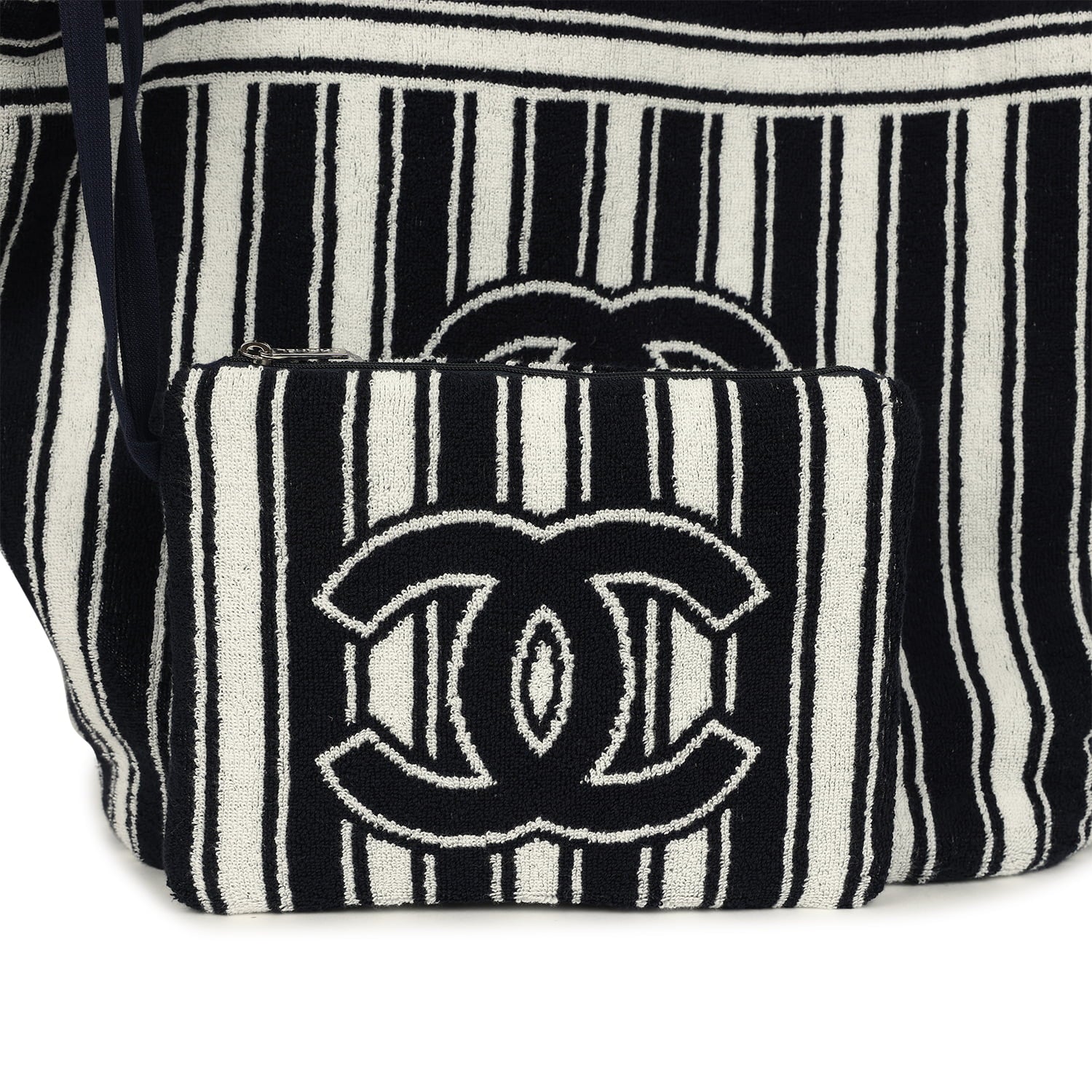 Coco Beach CC Striped Beach Tote Bag & Towel Set Navy Blue and White Terry Silver Hardware