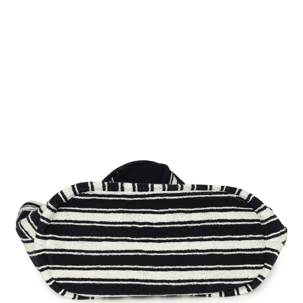 Coco Beach CC Striped Beach Tote Bag & Towel Set Navy Blue and White Terry Silver Hardware