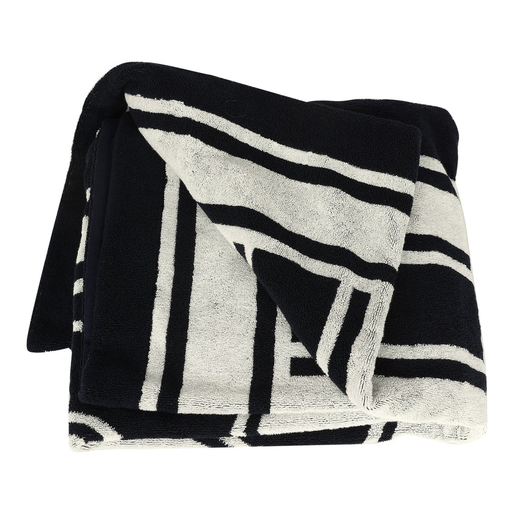 Coco Beach CC Striped Beach Tote Bag & Towel Set Navy Blue and White Terry Silver Hardware