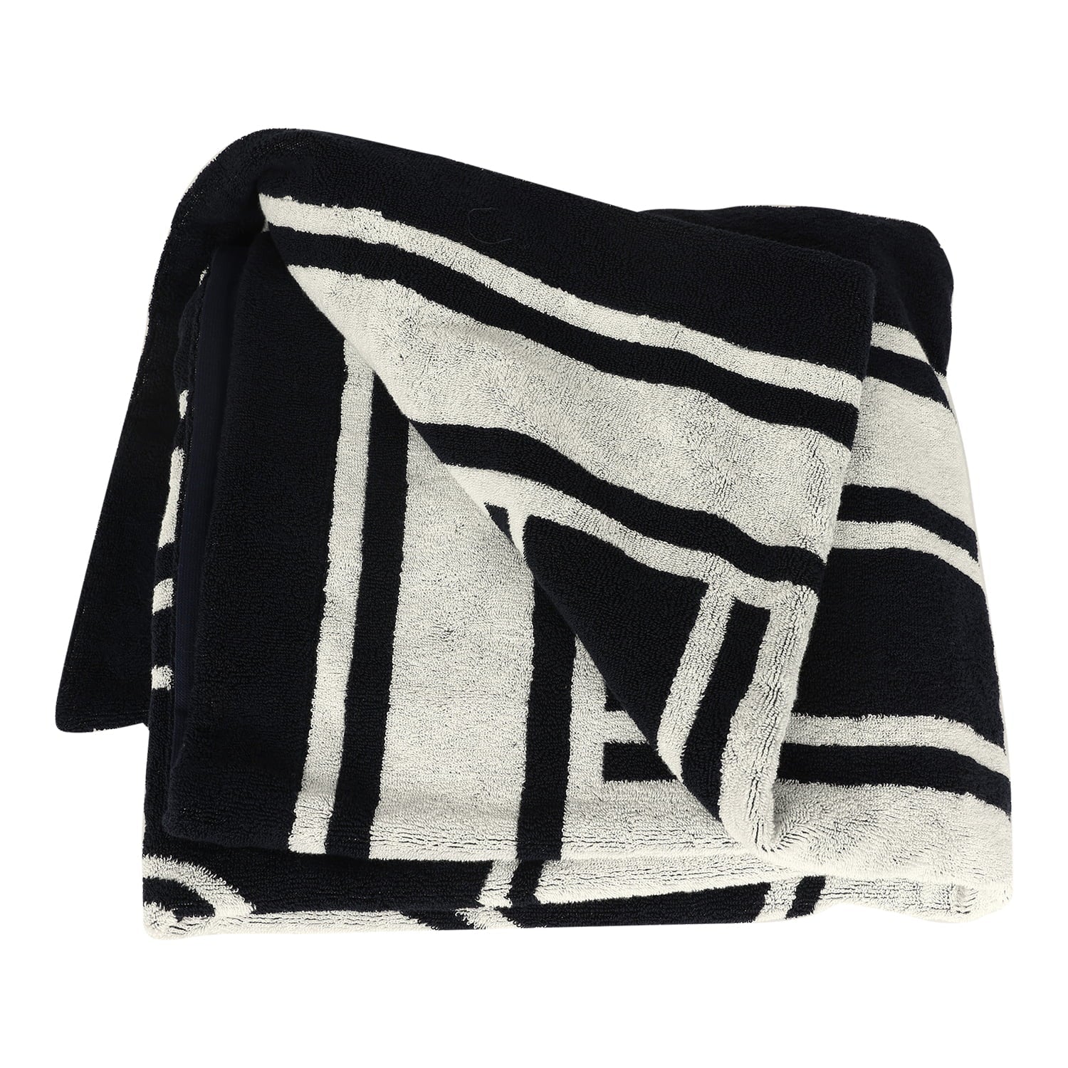 Coco Beach CC Striped Beach Tote Bag & Towel Set Navy Blue and White Terry Silver Hardware