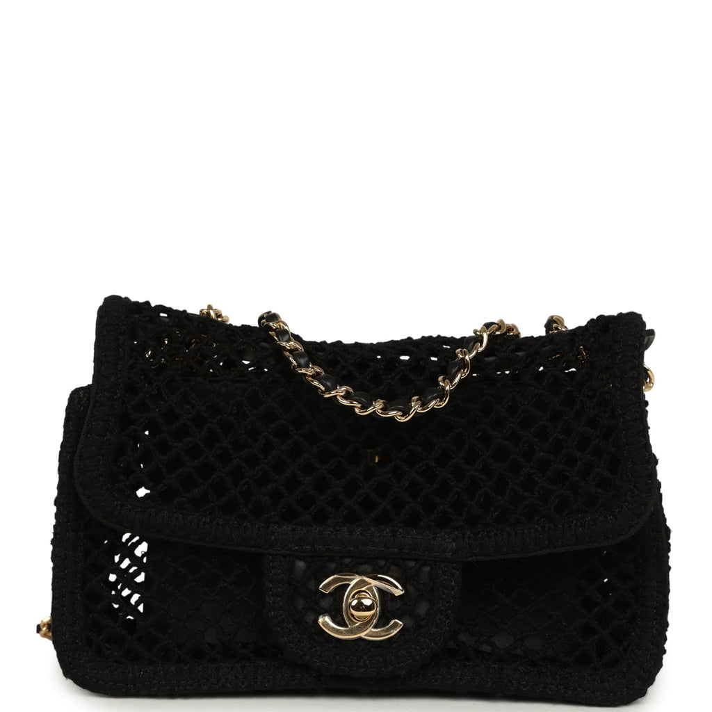 Small Coco Beach Macrame Flap Bag Black Mesh Gold Hardware