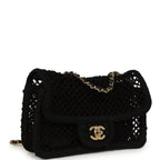 Small Coco Beach Macrame Flap Bag Black Mesh Gold Hardware