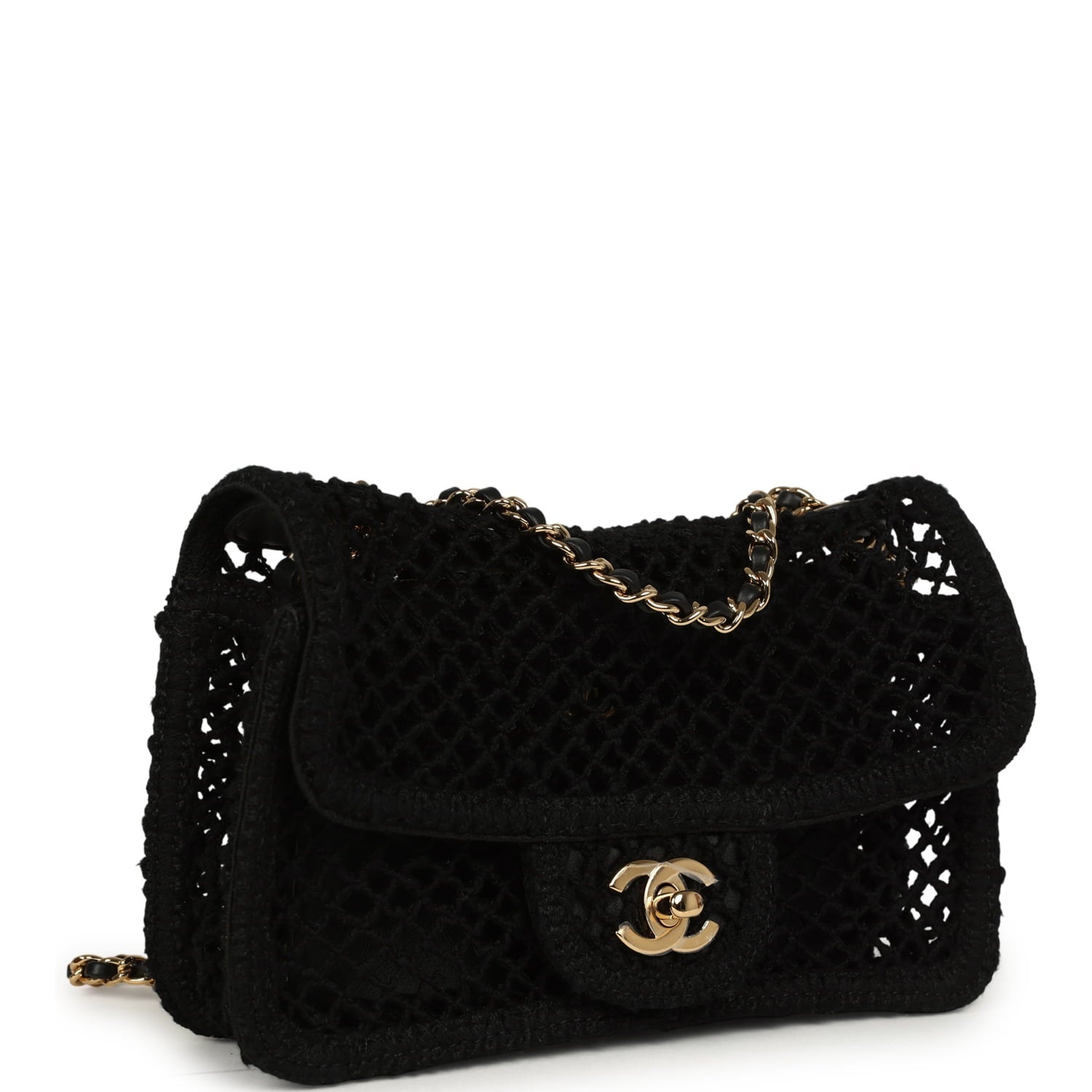 Small Coco Beach Macrame Flap Bag Black Mesh Gold Hardware
