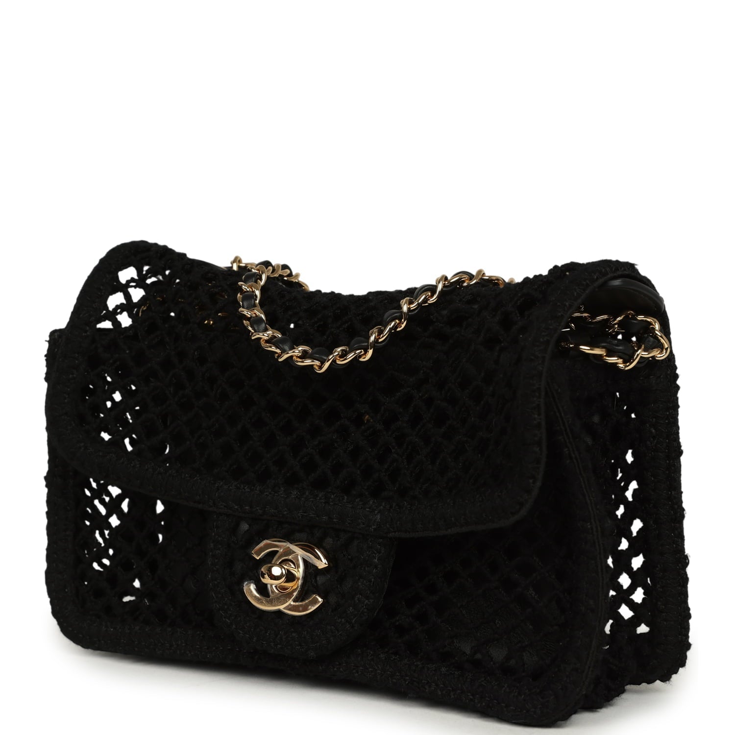Small Coco Beach Macrame Flap Bag Black Mesh Gold Hardware
