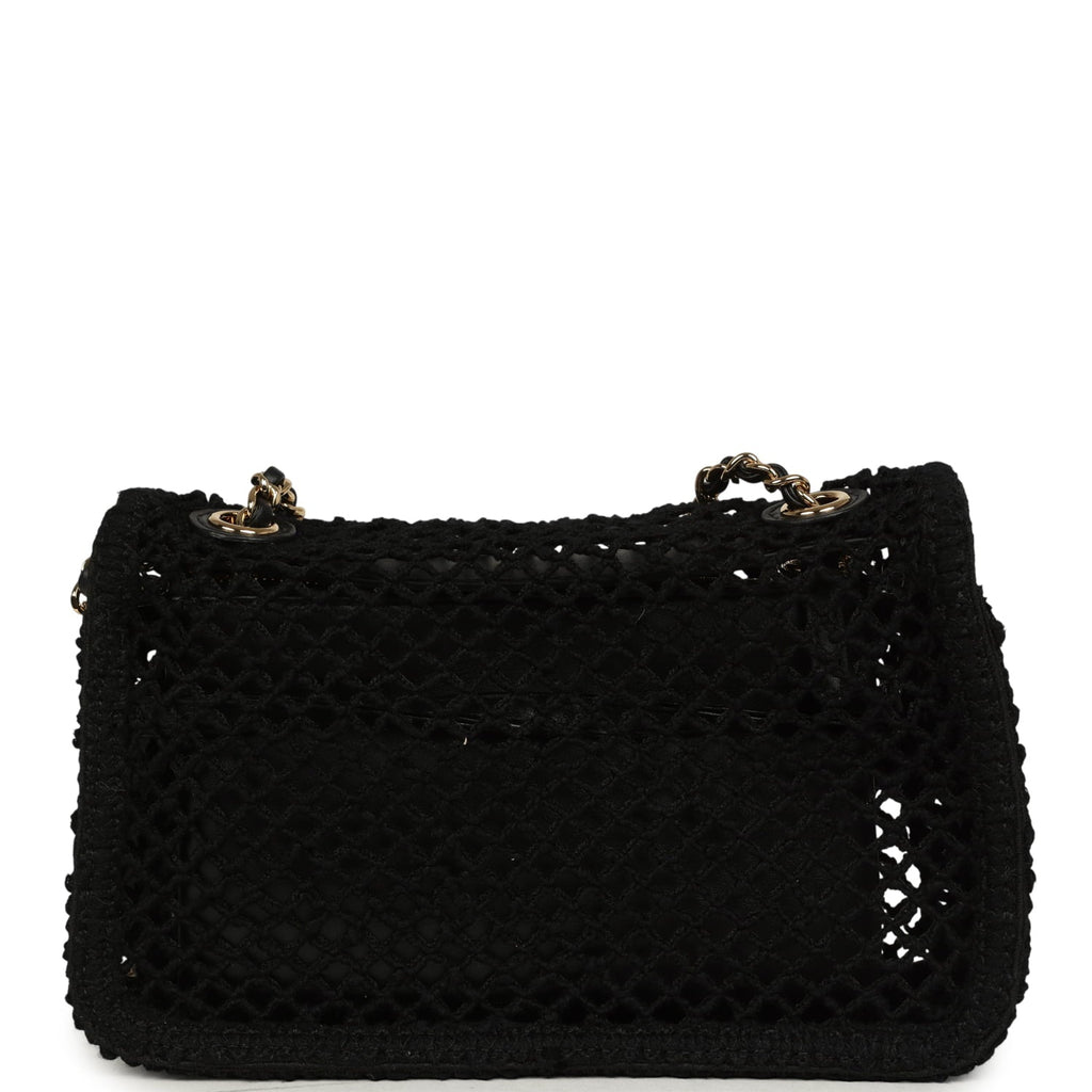 Small Coco Beach Macrame Flap Bag Black Mesh Gold Hardware