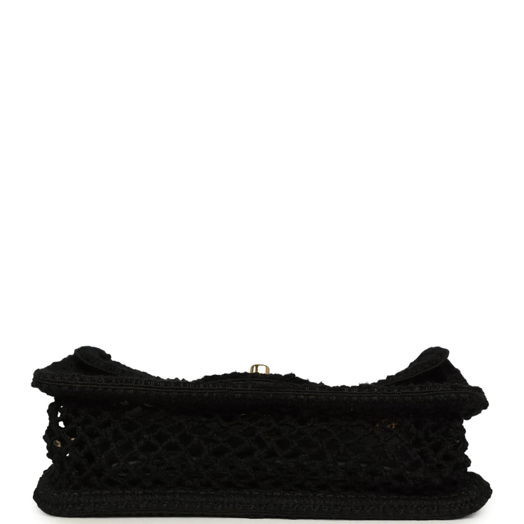 Small Coco Beach Macrame Flap Bag Black Mesh Gold Hardware