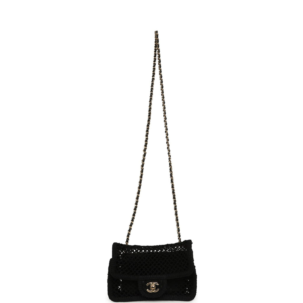 Small Coco Beach Macrame Flap Bag Black Mesh Gold Hardware