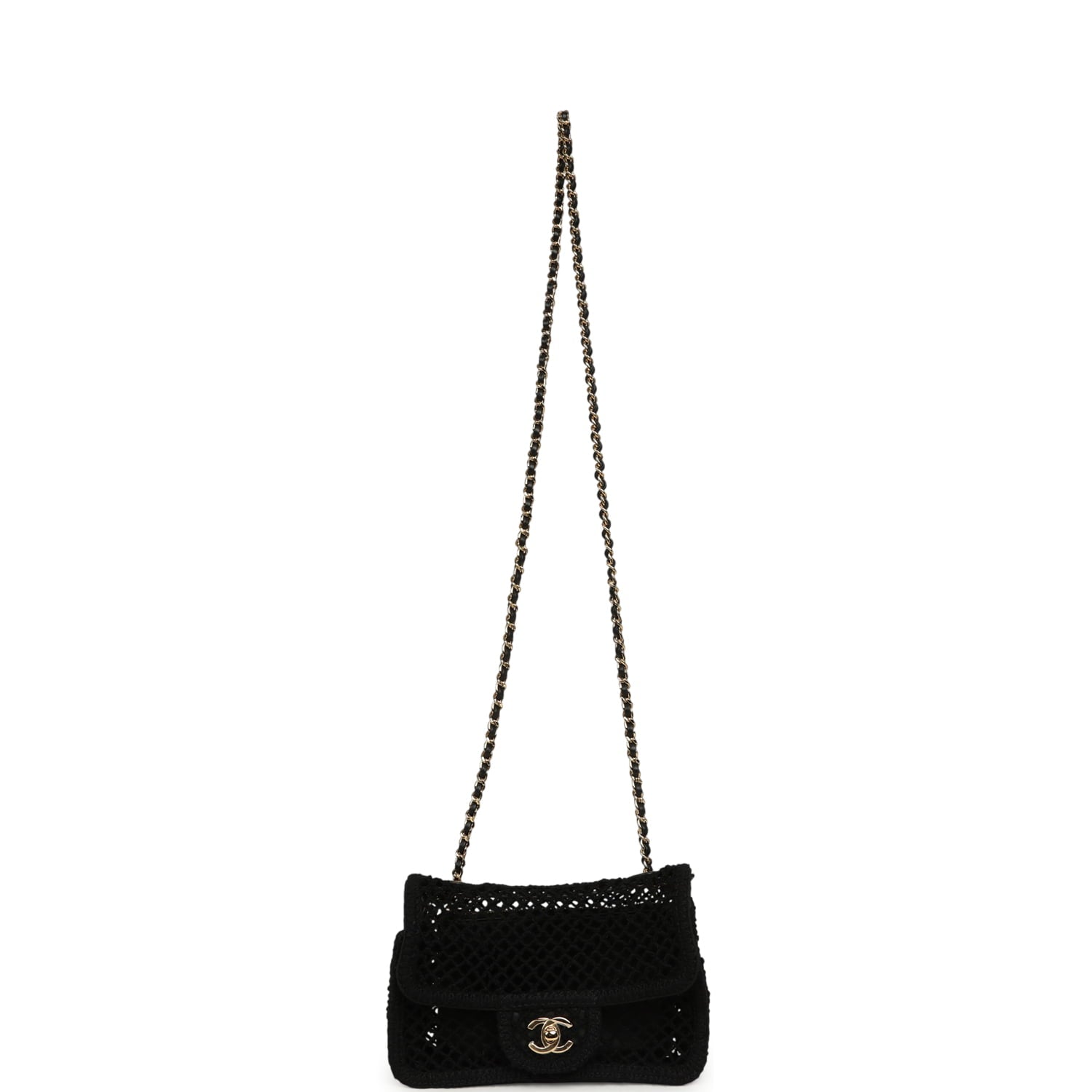 Small Coco Beach Macrame Flap Bag Black Mesh Gold Hardware