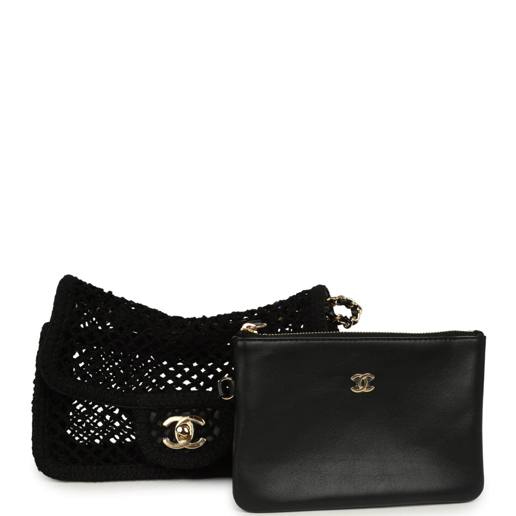 Small Coco Beach Macrame Flap Bag Black Mesh Gold Hardware