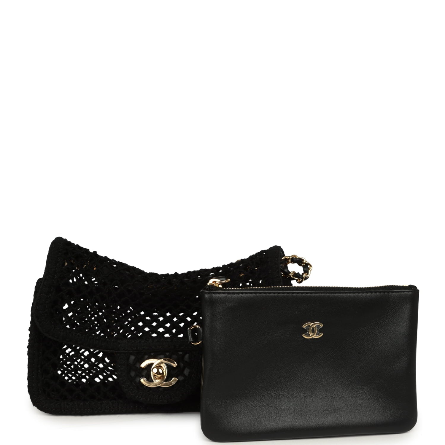 Small Coco Beach Macrame Flap Bag Black Mesh Gold Hardware