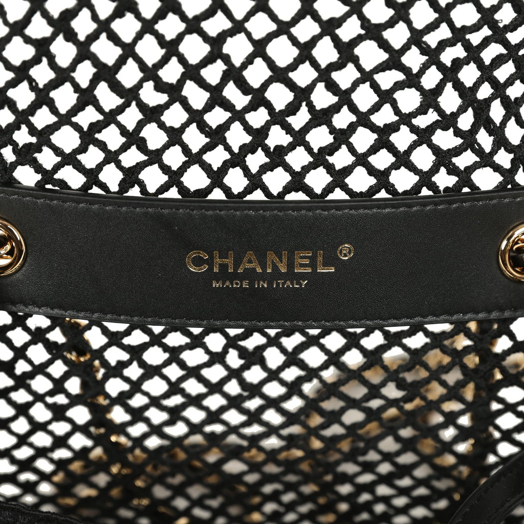 Small Coco Beach Macrame Flap Bag Black Mesh Gold Hardware