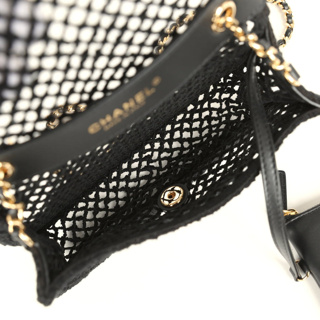 Small Coco Beach Macrame Flap Bag Black Mesh Gold Hardware