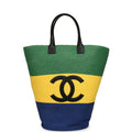 Maxi Coco Beach Large Shopping Bag Green, Yellow, Blue Raffia and Black Calfskin