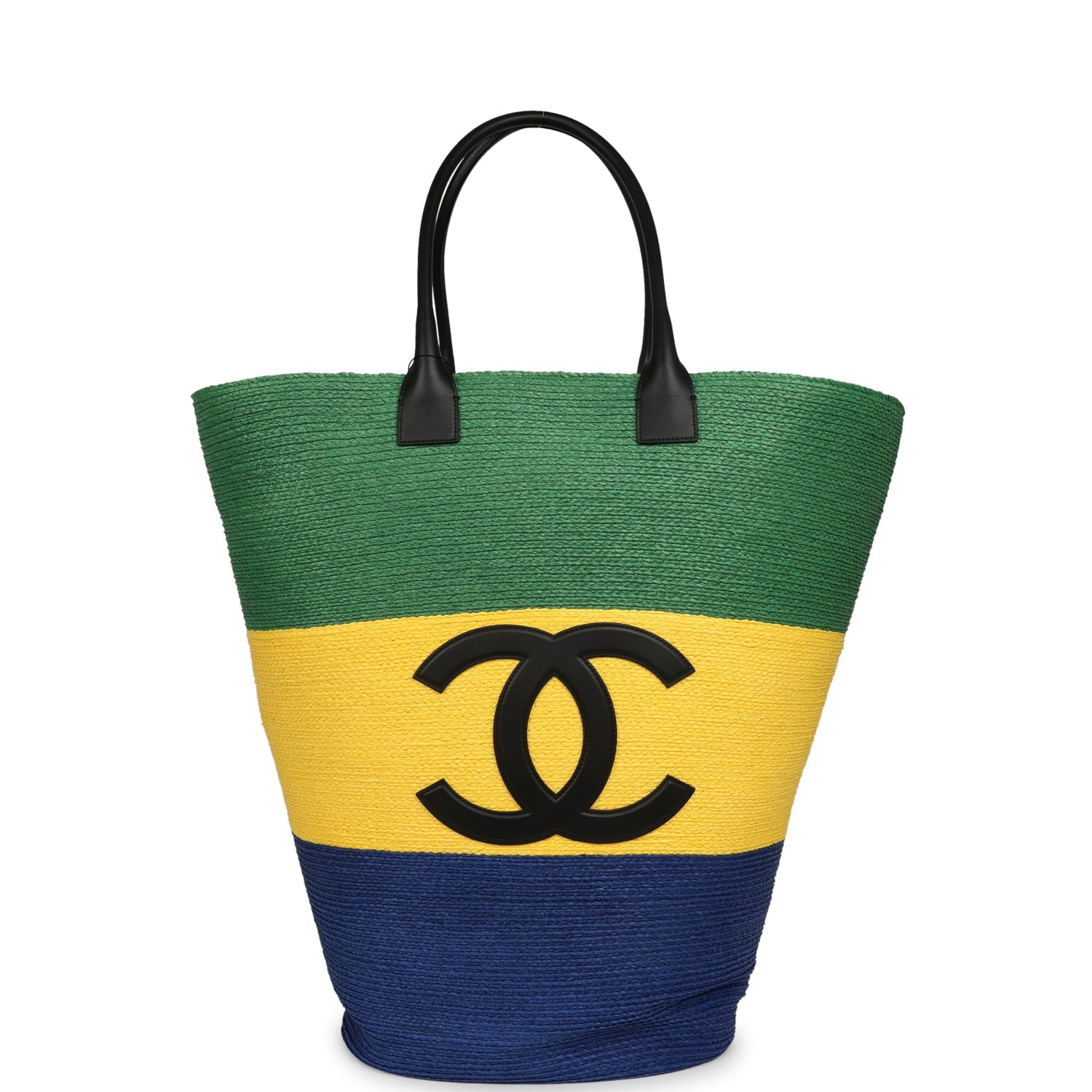 Maxi Coco Beach Large Shopping Bag Green, Yellow, Blue Raffia and Black Calfskin
