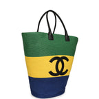 Maxi Coco Beach Large Shopping Bag Green, Yellow, Blue Raffia and Black Calfskin