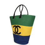 Maxi Coco Beach Large Shopping Bag Green, Yellow, Blue Raffia and Black Calfskin