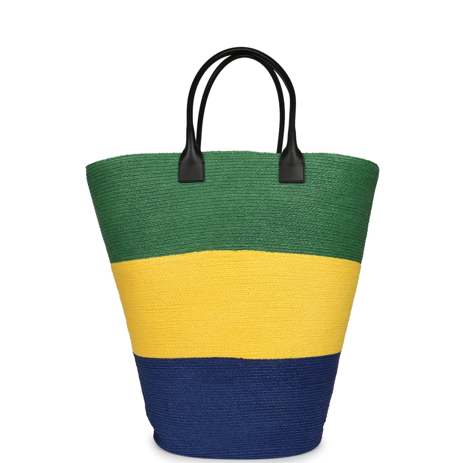 Maxi Coco Beach Large Shopping Bag Green, Yellow, Blue Raffia and Black Calfskin