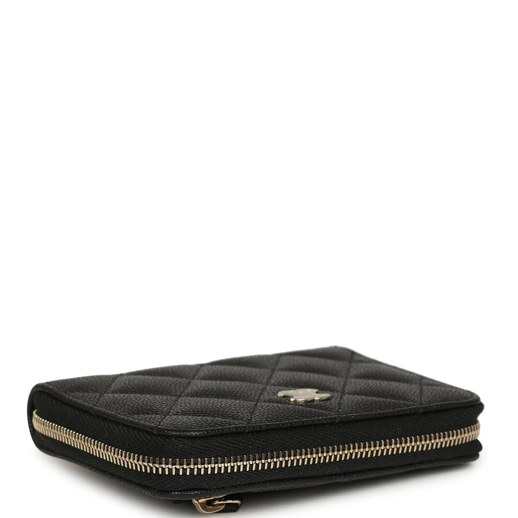 Classic Zipped Coin Purse Wallet Black Shiny Caviar Light Gold Hardware