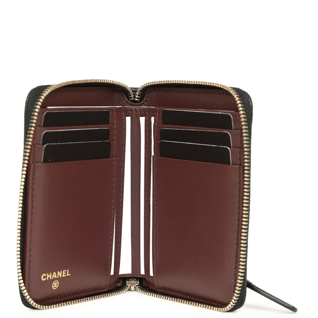 Classic Zipped Coin Purse Wallet Black Shiny Caviar Light Gold Hardware