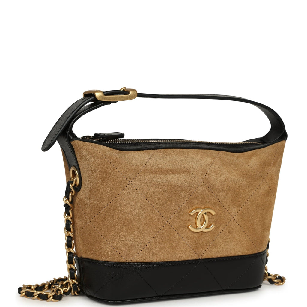 Mini Coco Base Clutch with Chain Brown Suede and Black Shiny Lambskin Brushed Gold Hardware