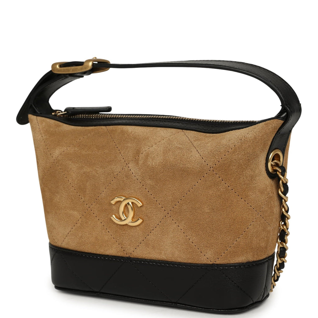Mini Coco Base Clutch with Chain Brown Suede and Black Shiny Lambskin Brushed Gold Hardware