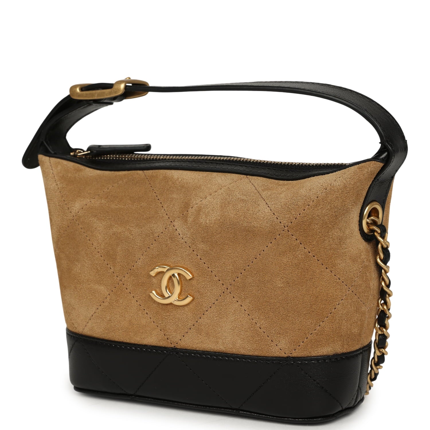 Mini Coco Base Clutch with Chain Brown Suede and Black Shiny Lambskin Brushed Gold Hardware