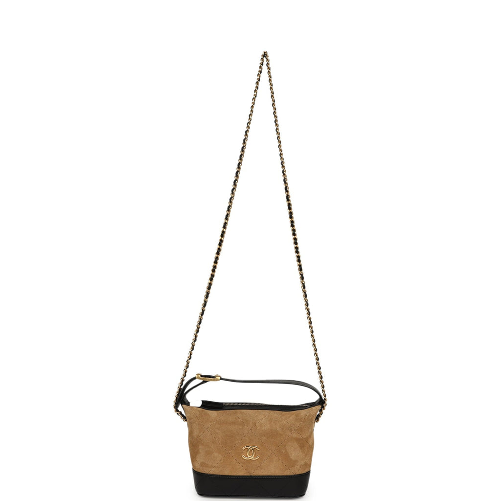 Mini Coco Base Clutch with Chain Brown Suede and Black Shiny Lambskin Brushed Gold Hardware