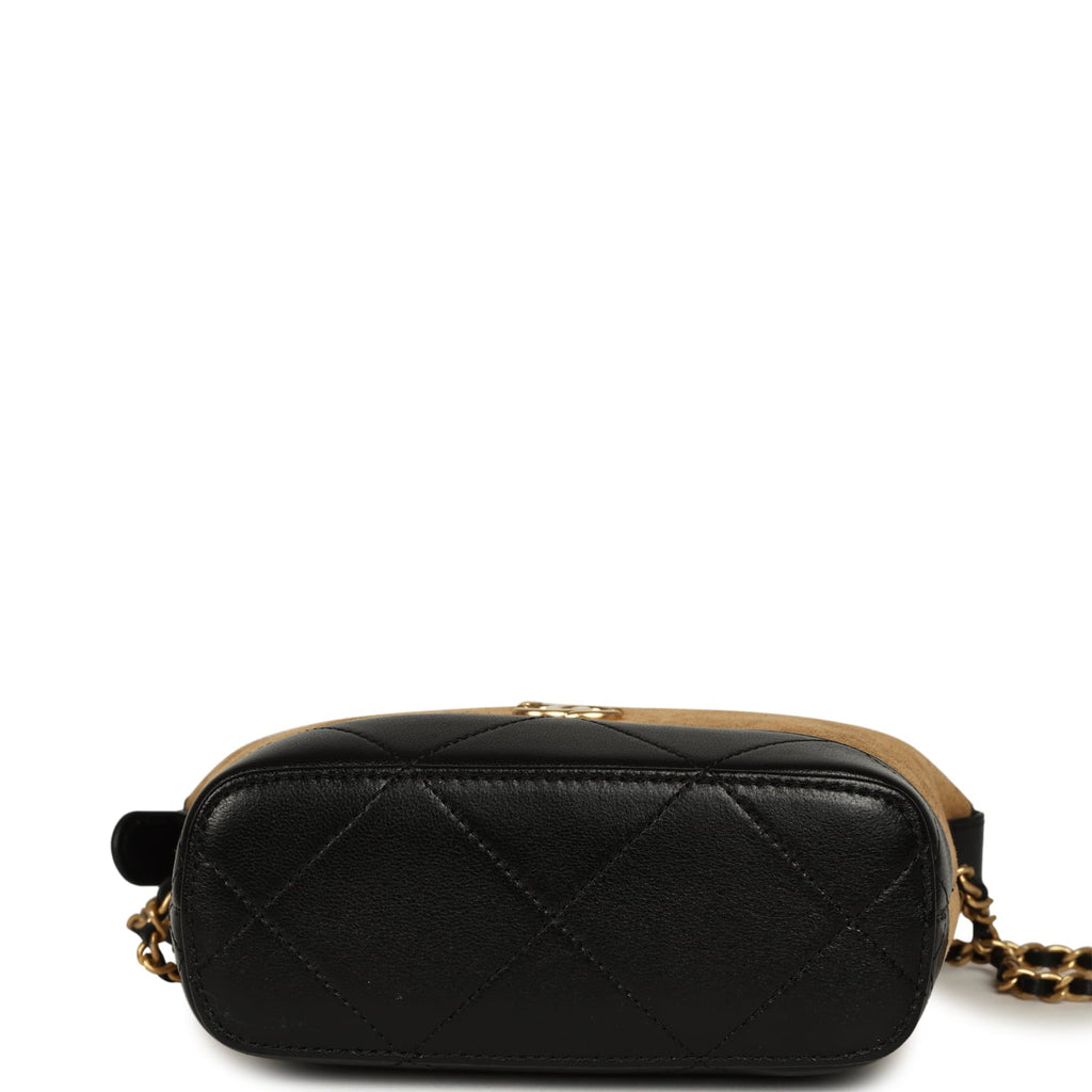 Mini Coco Base Clutch with Chain Brown Suede and Black Shiny Lambskin Brushed Gold Hardware