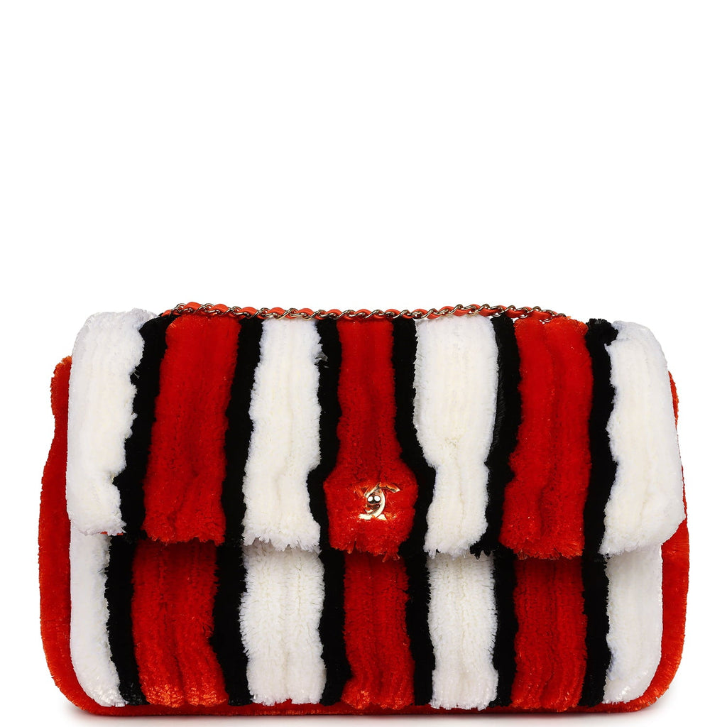 Maxi Coco Beach Stripe Flap Bag Orange, White and Black Raffia Gold Hardware