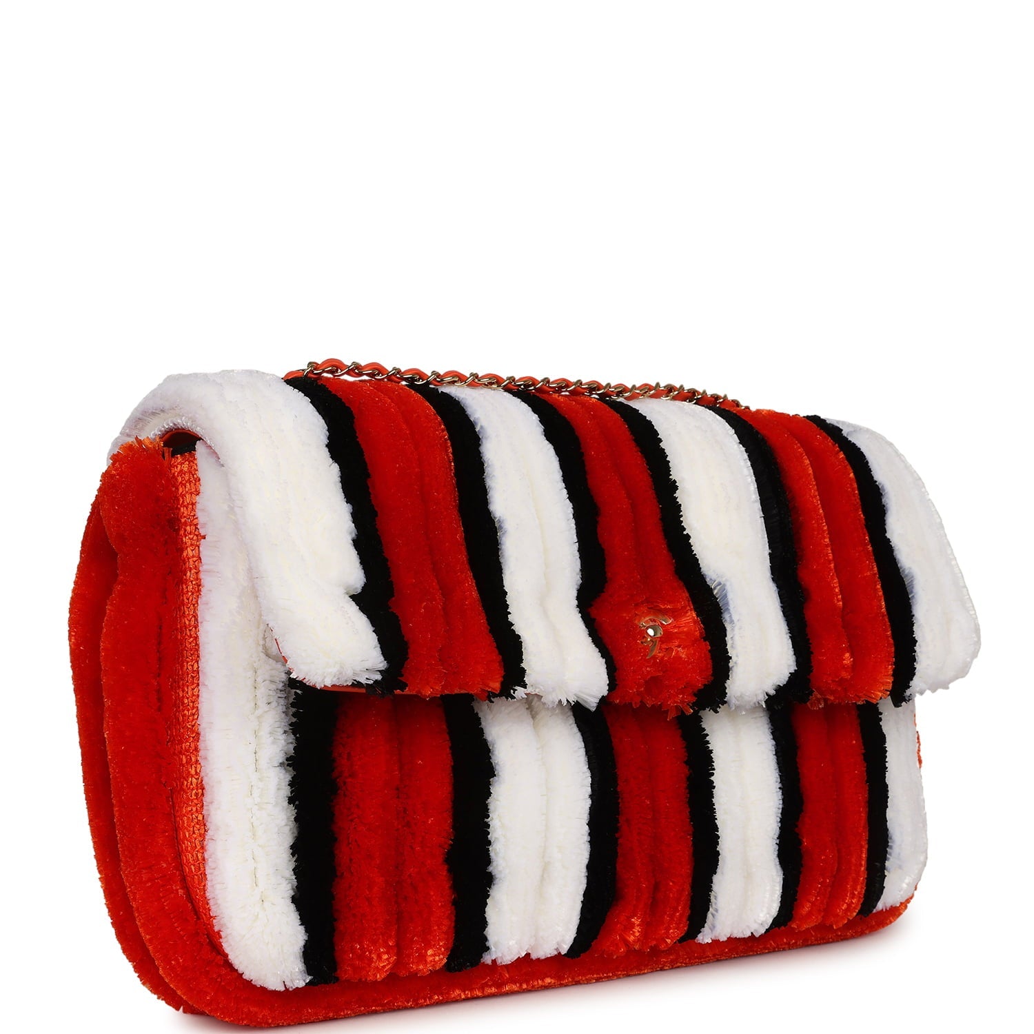 Maxi Coco Beach Stripe Flap Bag Orange, White and Black Raffia Gold Hardware