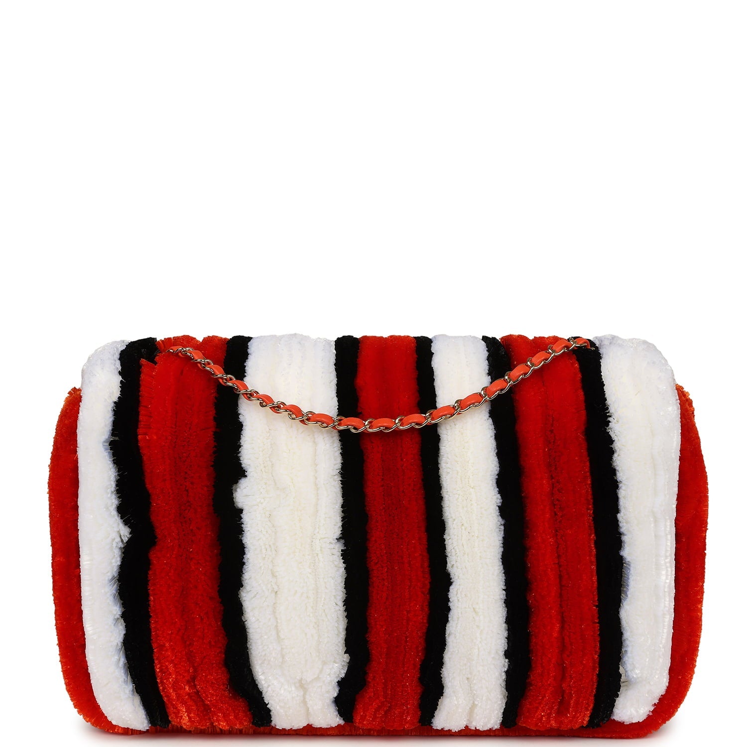 Maxi Coco Beach Stripe Flap Bag Orange, White and Black Raffia Gold Hardware