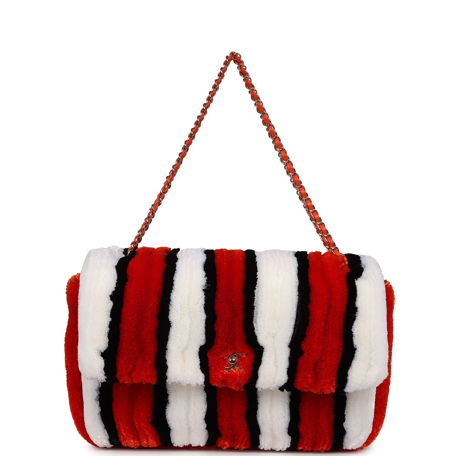 Chanel Maxi Coco Beach Stripe Flap Bag Orange, White and Black Raffia Gold Hardware