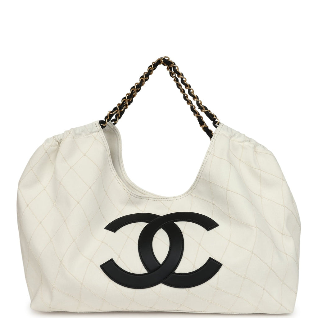 Maxi Coco Beach Cambon Hobo Bag White Denim and Black Calfskin Brushed Gold Hardware