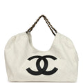 Maxi Coco Beach Cambon Hobo Bag White Denim and Black Calfskin Brushed Gold Hardware