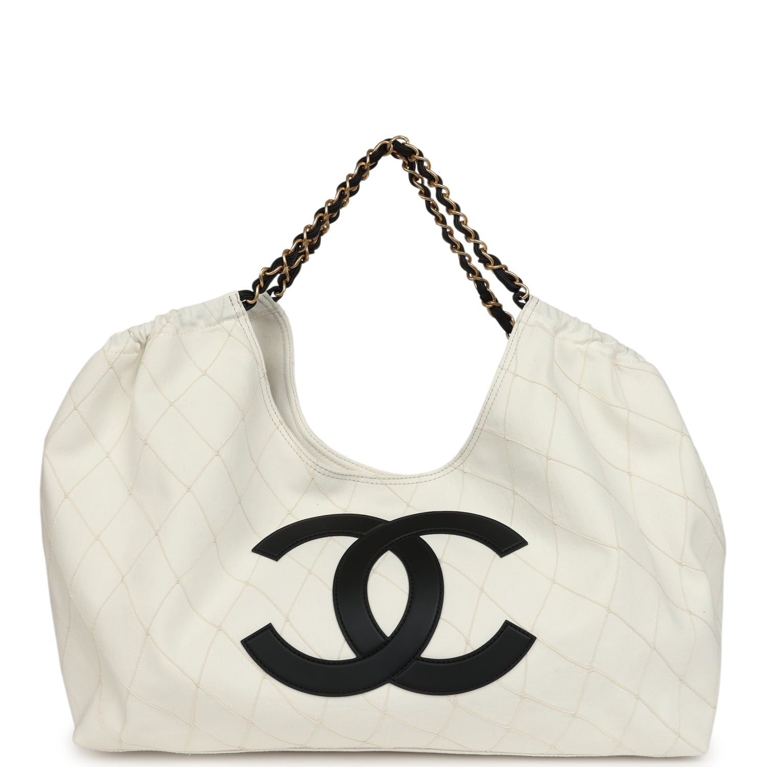 Maxi Coco Beach Cambon Hobo Bag White Denim and Black Calfskin Brushed Gold Hardware