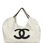 Maxi Coco Beach Cambon Hobo Bag White Denim and Black Calfskin Brushed Gold Hardware