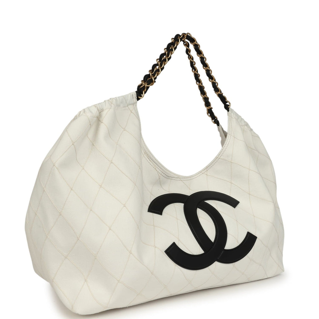 Maxi Coco Beach Cambon Hobo Bag White Denim and Black Calfskin Brushed Gold Hardware