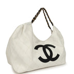 Maxi Coco Beach Cambon Hobo Bag White Denim and Black Calfskin Brushed Gold Hardware