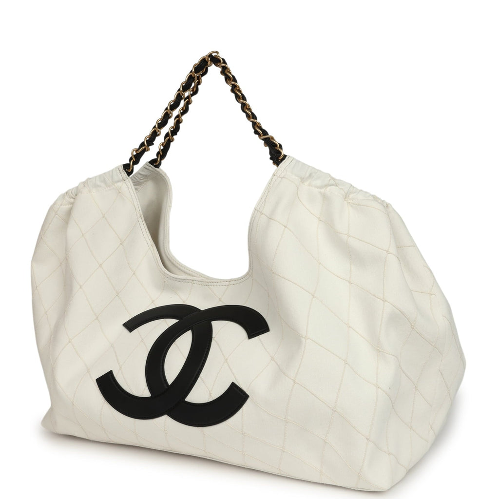 Maxi Coco Beach Cambon Hobo Bag White Denim and Black Calfskin Brushed Gold Hardware