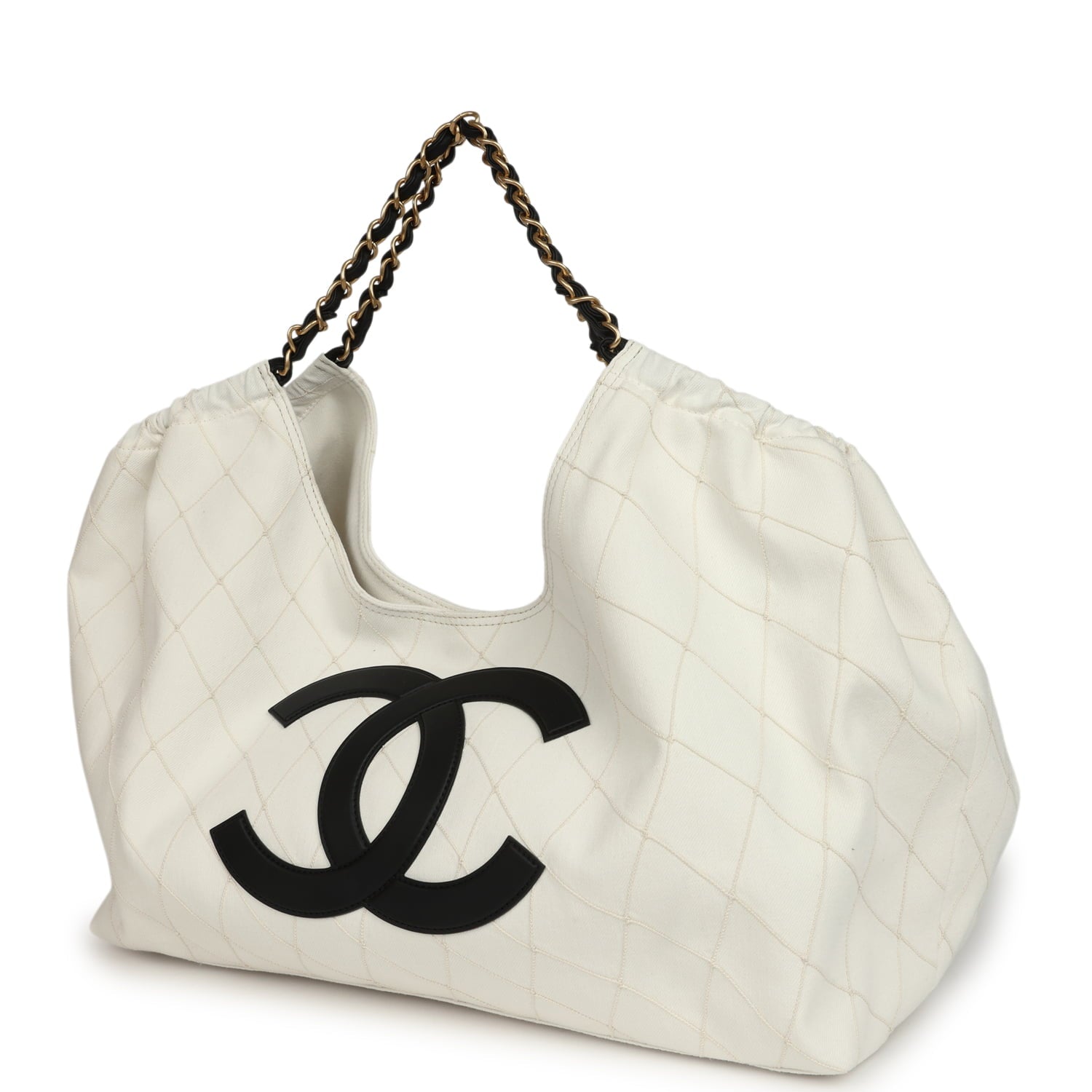 Maxi Coco Beach Cambon Hobo Bag White Denim and Black Calfskin Brushed Gold Hardware